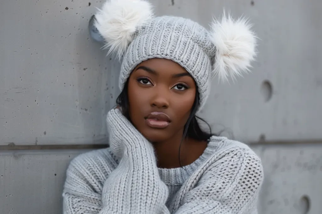 An attractive black woman wearing an grey knit beanie