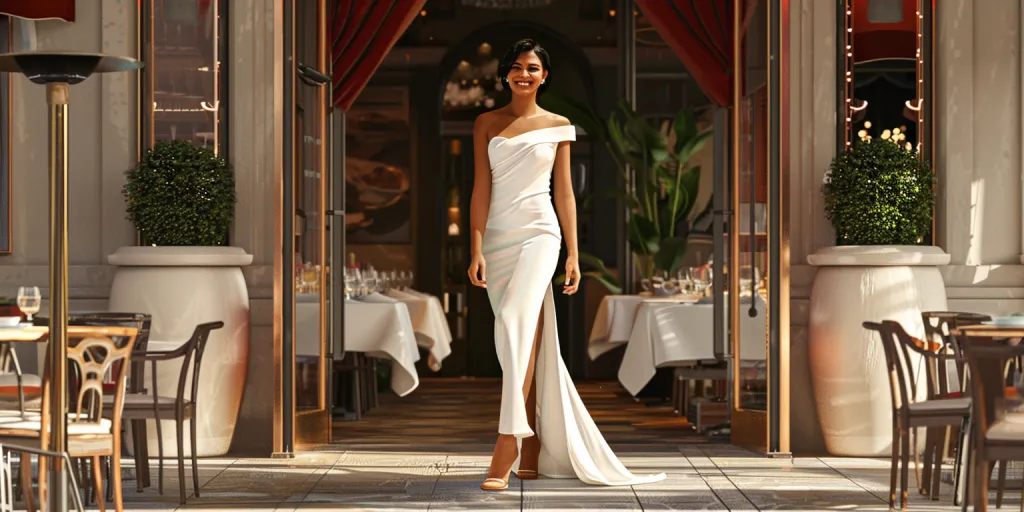 An elegant white one-shoulder long dress with a high slit