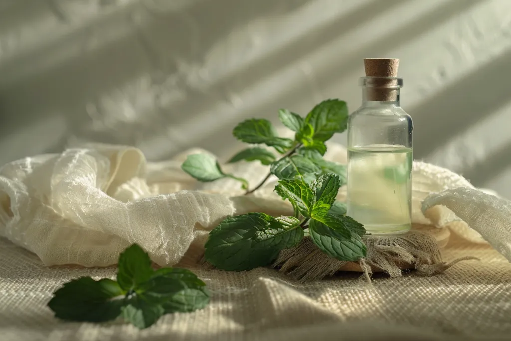 An essential oil with mint leaves on a table cloth