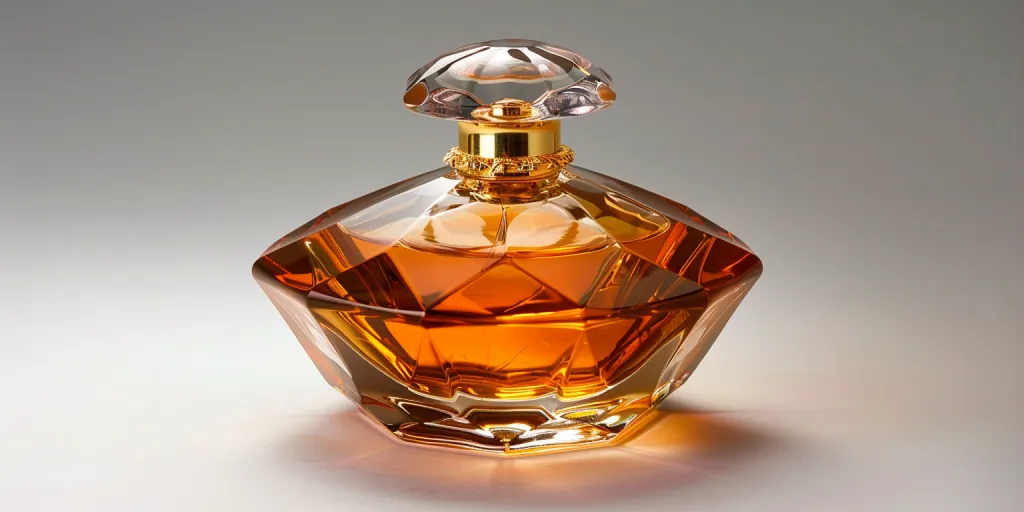 An orange glass perfume bottle with a gold cap and top