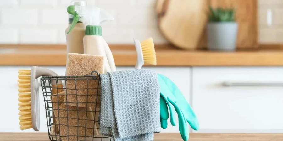 Basket with brushes, rags, natural sponges and cleaning products