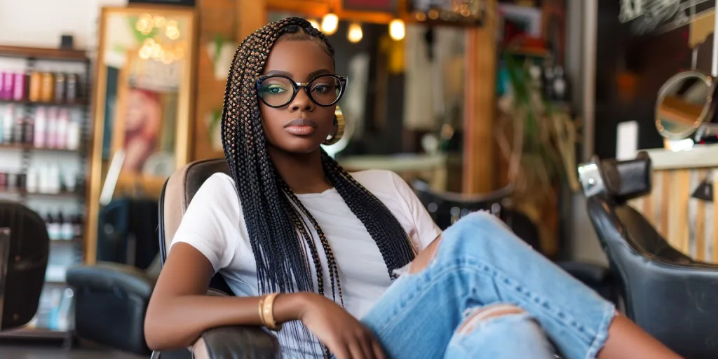 Beautiful black woman with long braided hair sitting