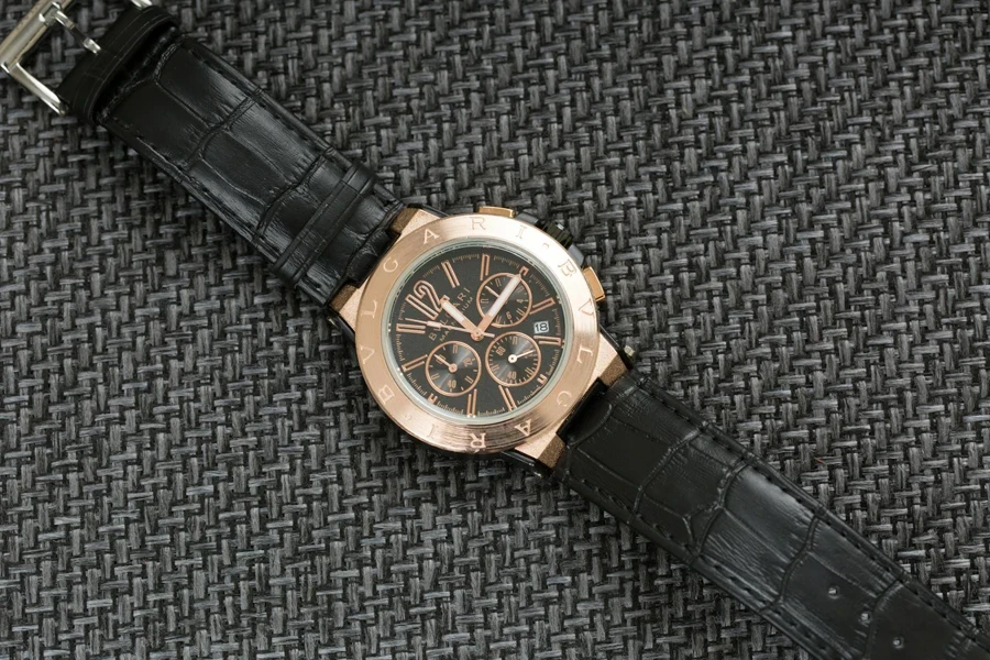 Black Leather Strap Gold and Silver Chronograph Watch