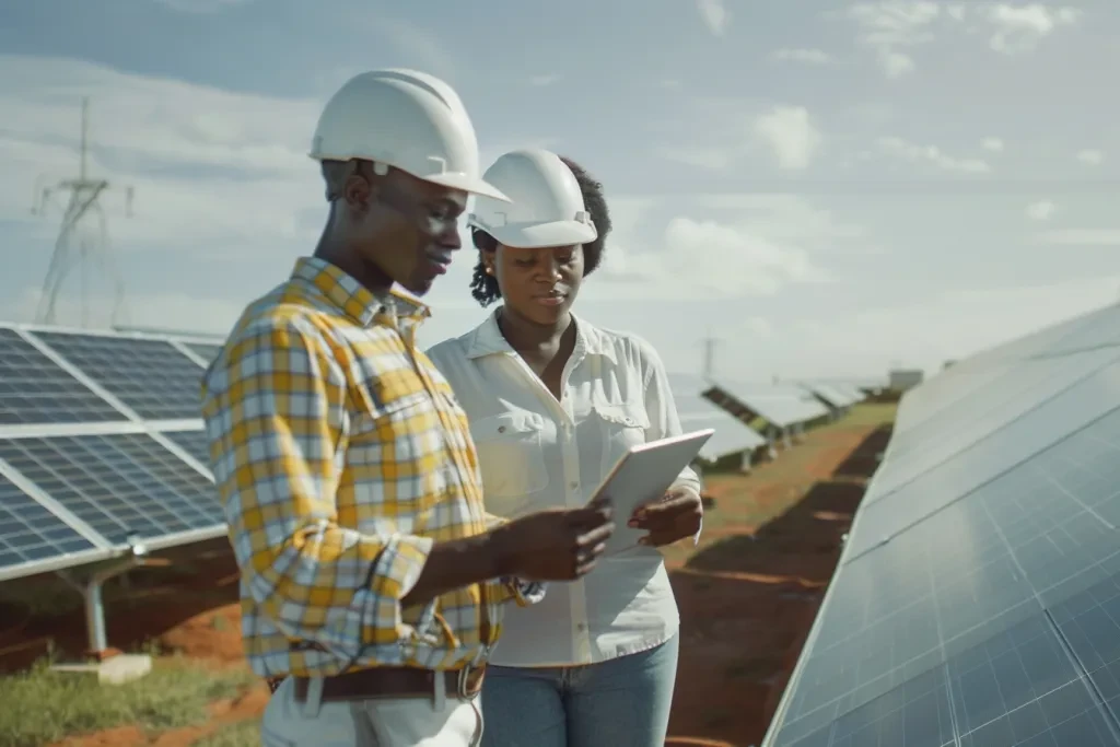 Black male and female engineers working on solar panel installation, green energy with tablet computer in hands outdoors under blue sky