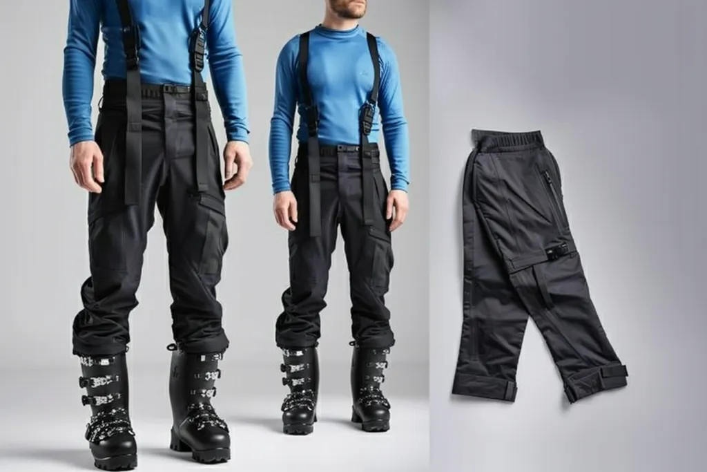 Black snow pants with suspenders on a plain background
