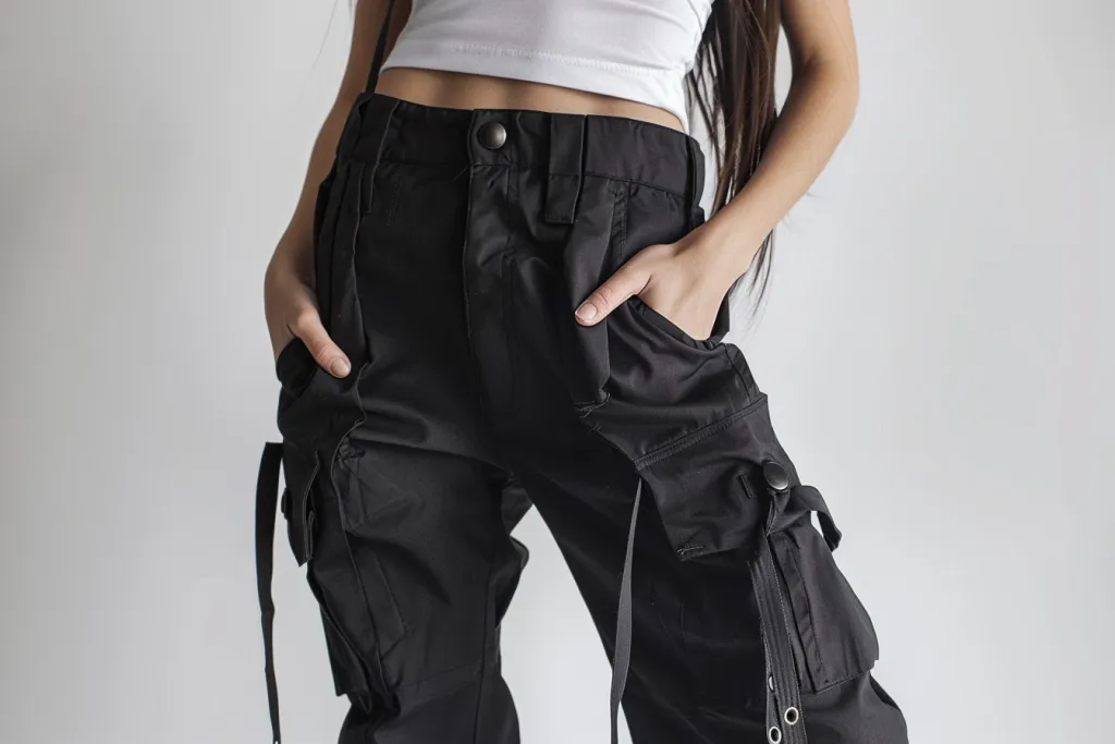 Black solid cargo pants for women