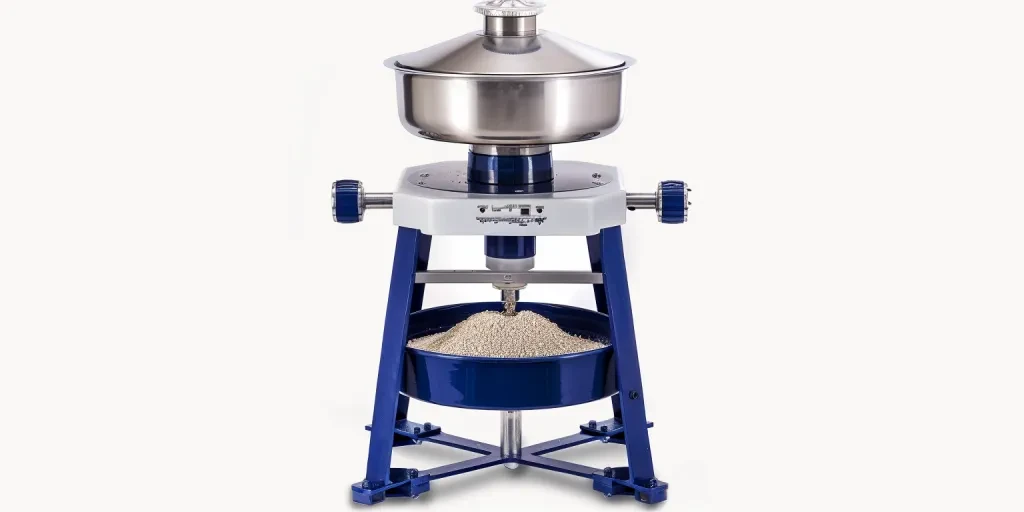 Blue electric grain core m-basket mill with stainless steel body and blue legs