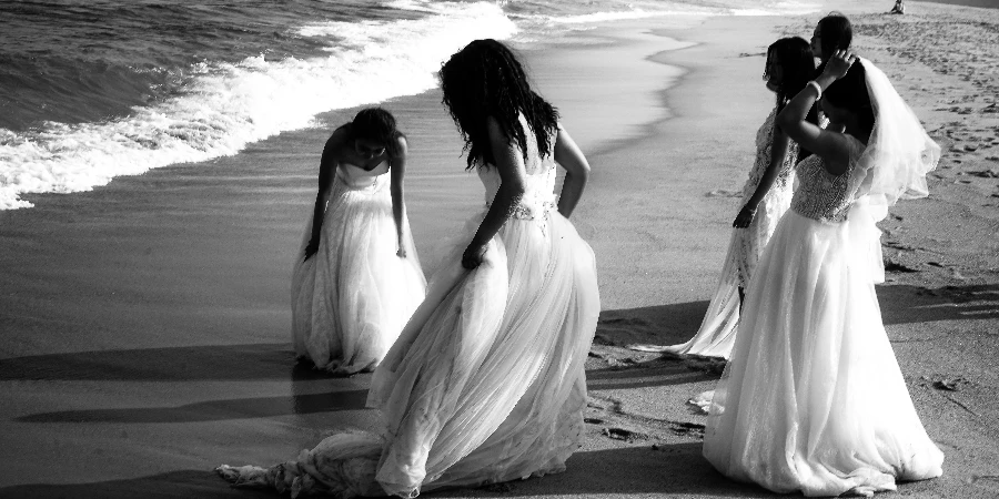 Bride and bridesmaids on the beach