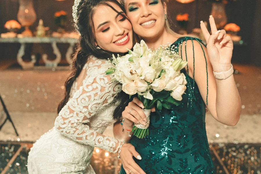 Bridesmaid in green floral sequin dress