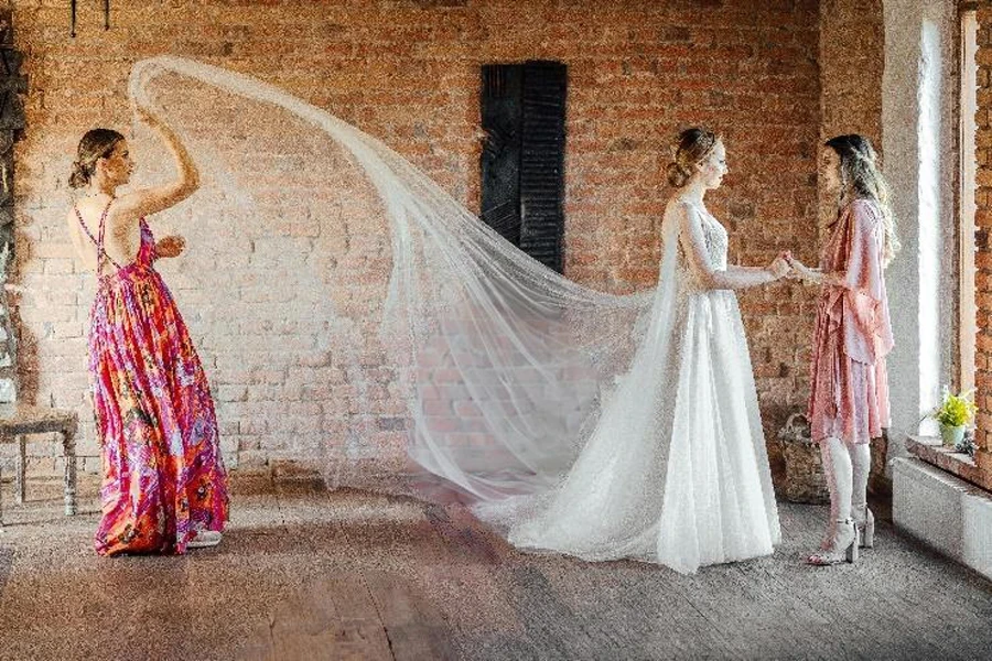 Bridesmaids in pink floral dresses