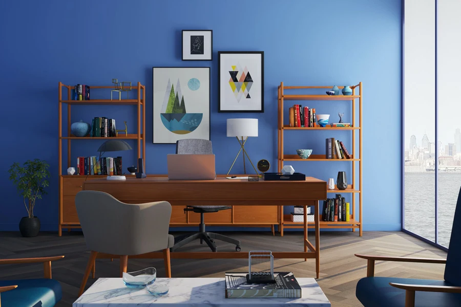 Brown Wooden Desk With Rolling Chair and Shelves Near Window 