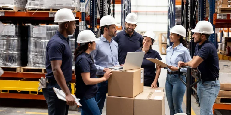 Business manager talking to a group of employees