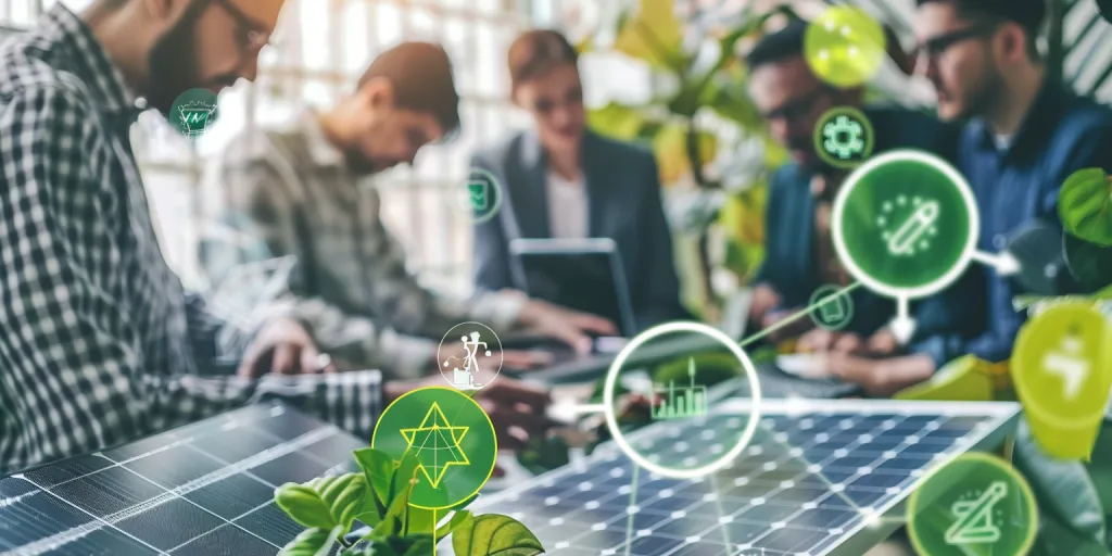 Business people working on solar panel and green energy icons with circular graphics