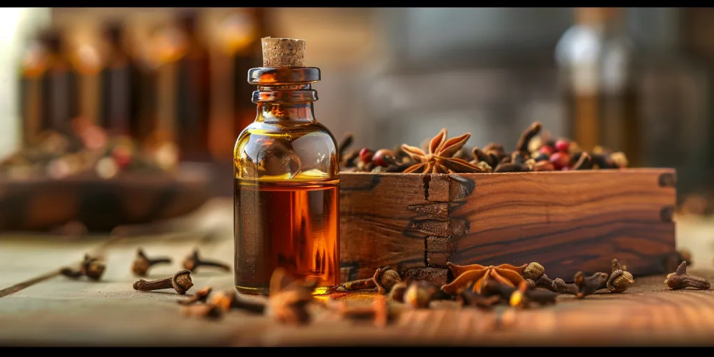 C actual clove essential oil in small glass bottle