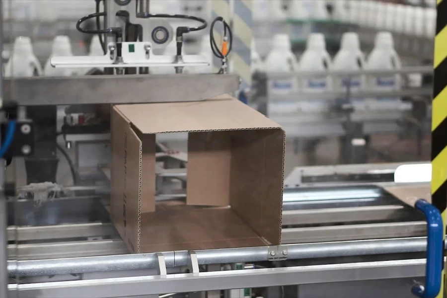 Cardboard boxes on conveyor belt in factory