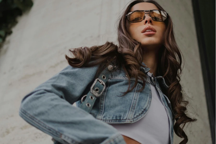 Casual Style Model in Cropped Top and Denim Jacket