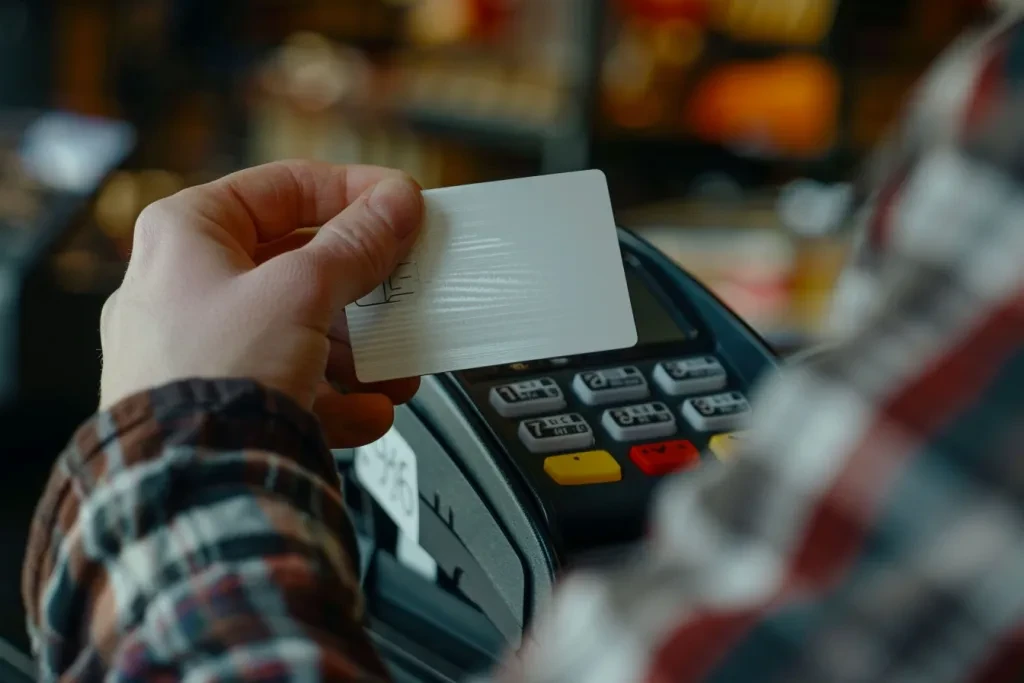 Close up of a man's hand holding a white credit card