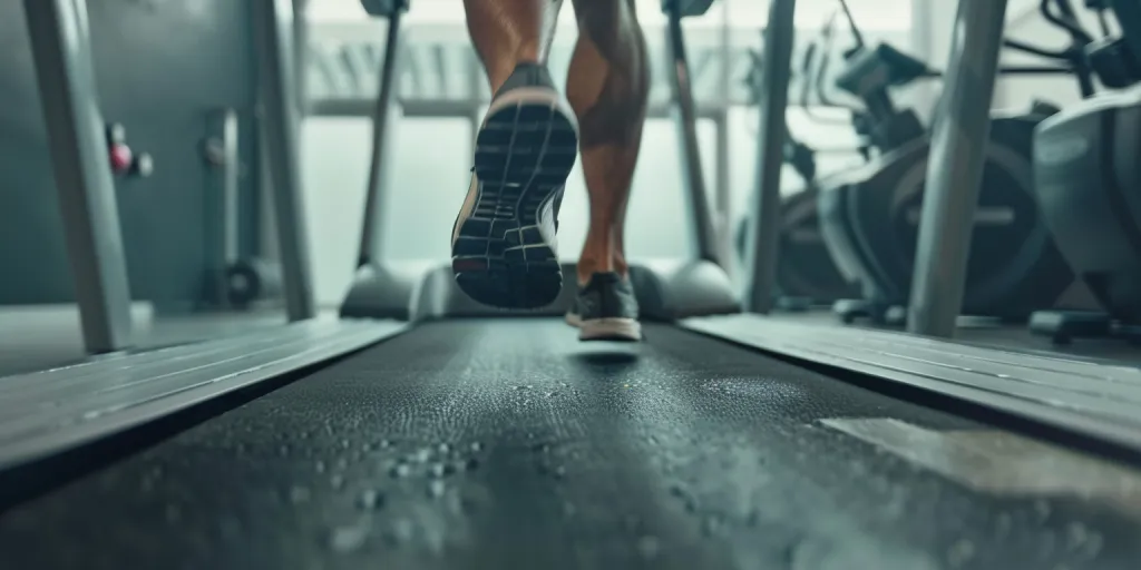 Close up of a man's legs running on a treadmill