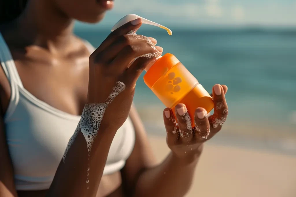 Close up of a woman applying sun cream to her hand at the beach