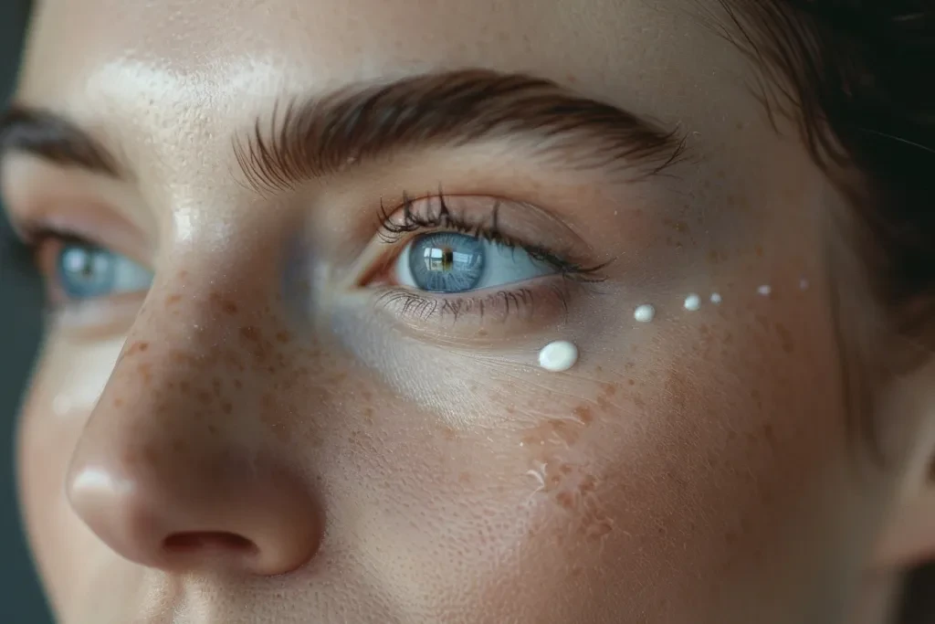 Close up of a woman's face with eye cream on her cheek