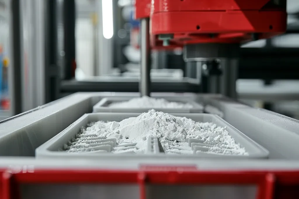 Close up of white powder inside an electronic tech box being printed