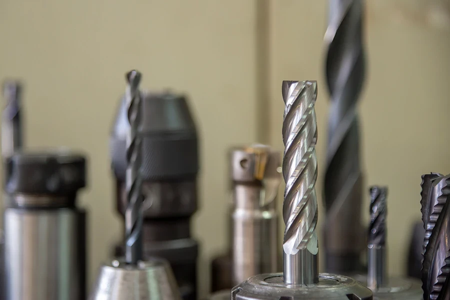 Close-up scene group of the used flat or square solid end mill tools