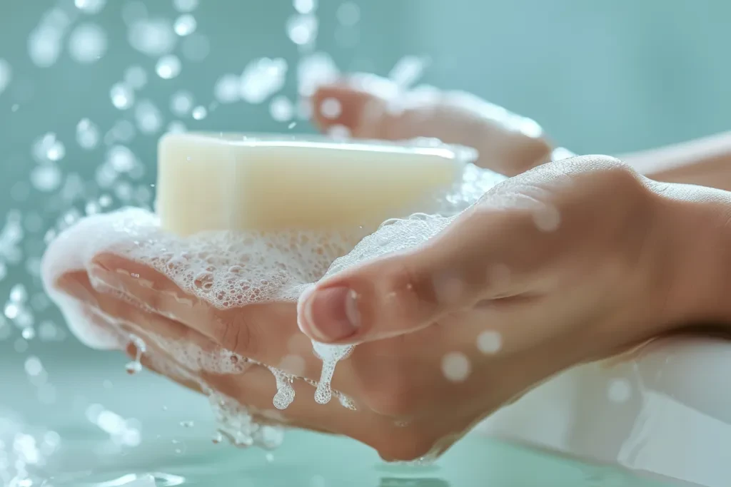 Closeup of hands washing with soap