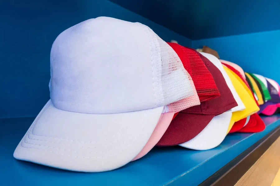 Colorful cap on blue shelf background