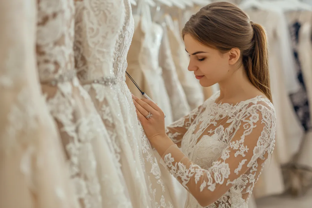 Designer woman's doing measurements elegant wedding dress in store, background with white color in shop
