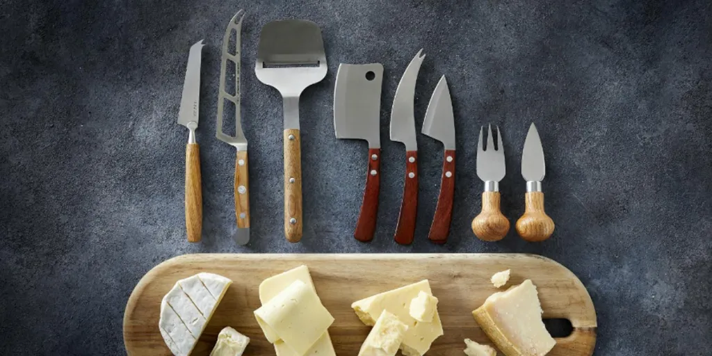Different cheese knives near a cheeseboard