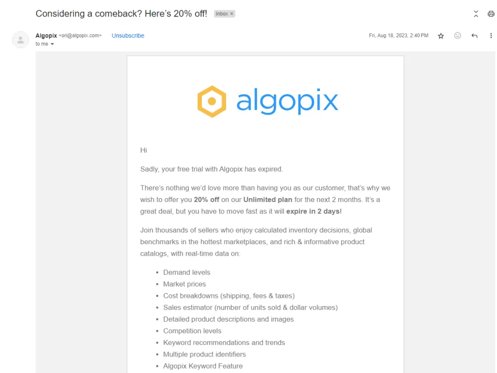 Drip marketing Acquisition stage email from Algopix