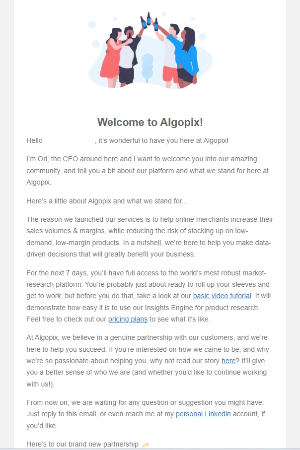 Drip marketing Awareness stage email from Algopix