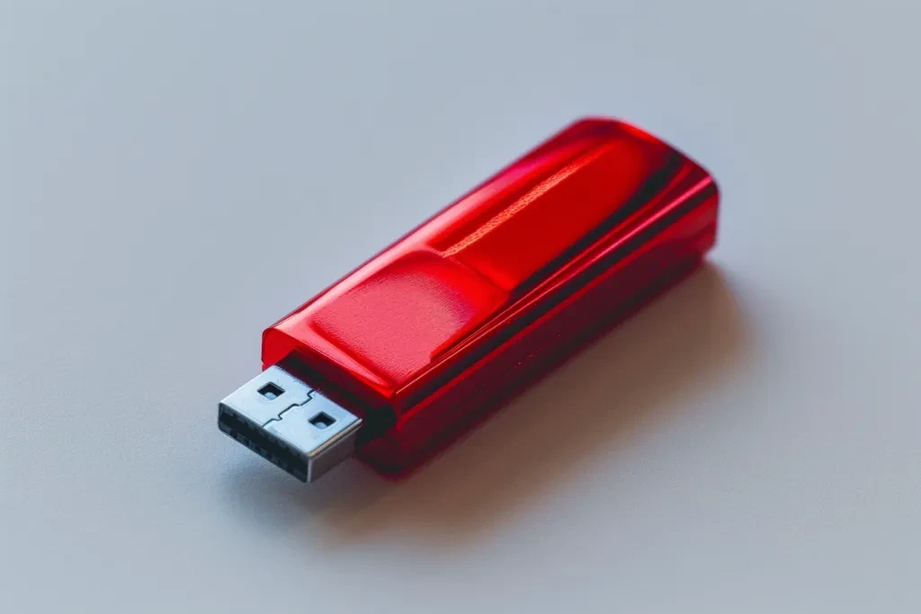 Electromagnetic flash drive in red color with white background