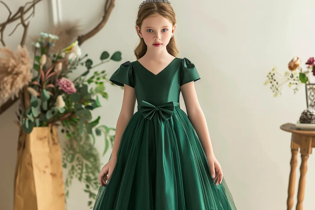 Elegant dark green girls' long dress