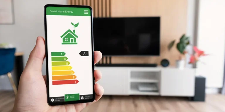Energy efficiency mobile app on screen, eco house