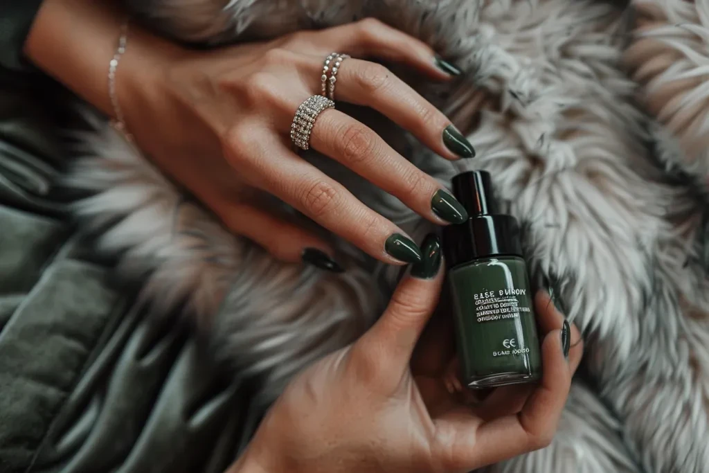 Eseame oil green nail polish being applied by an elegant hand with long