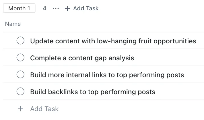 Example of Month 1 SEO tasks created in ClickUp.