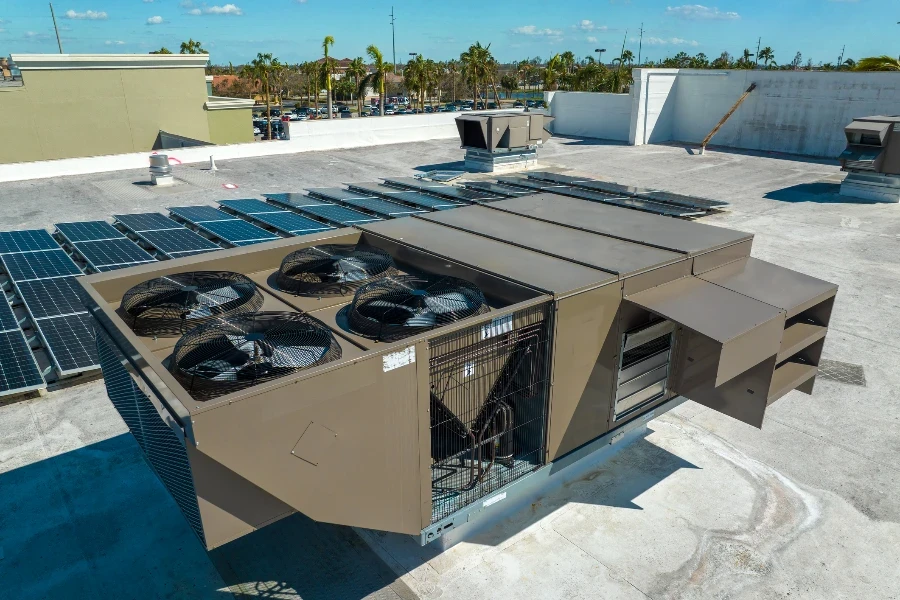 External unit of commercial air conditioning and ventilation system installed on industrial building roof