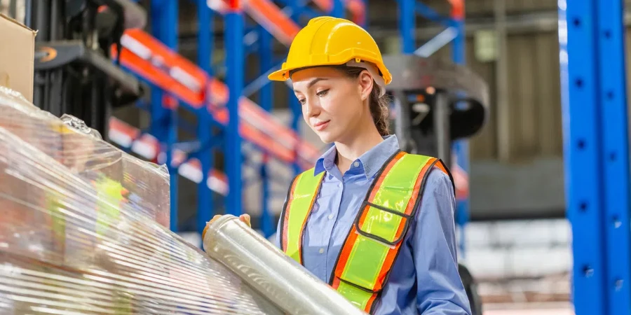 Female worker wrapping boxes in stretch film at warehouse, Worker wrapping stretch film parcel on pallet in factory warehouse