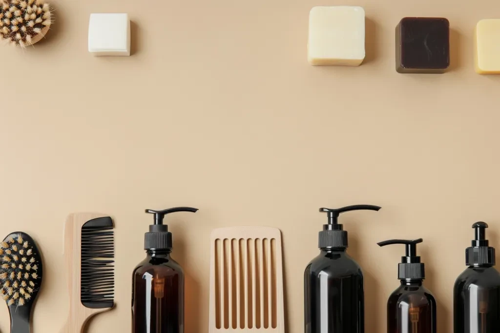 Flat lay of hair care products on a beige background