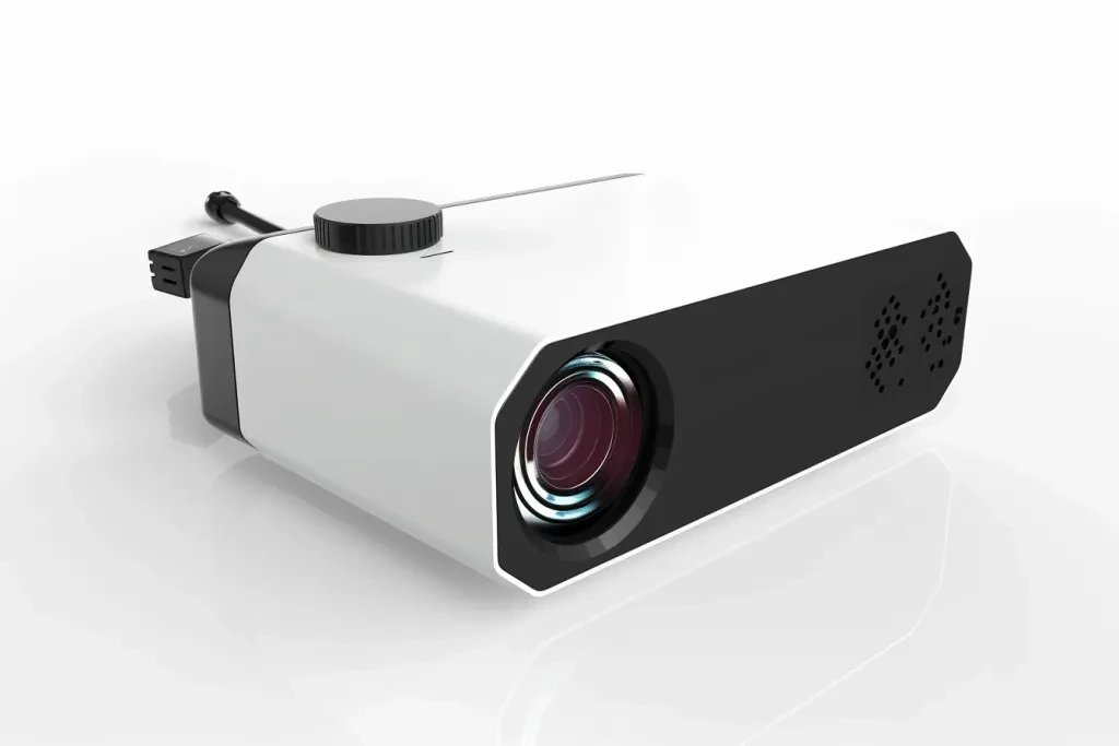 Flat projector with black lens and white body