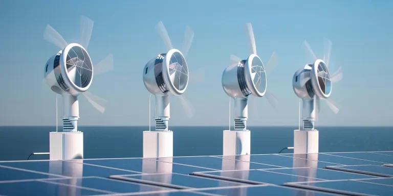 Four small wind turbines on the roof of solar panels
