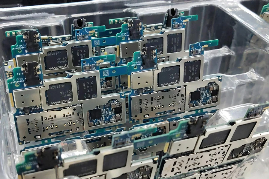 From above of circuit boards of modern smartphones placed in plastic box in electronics factory