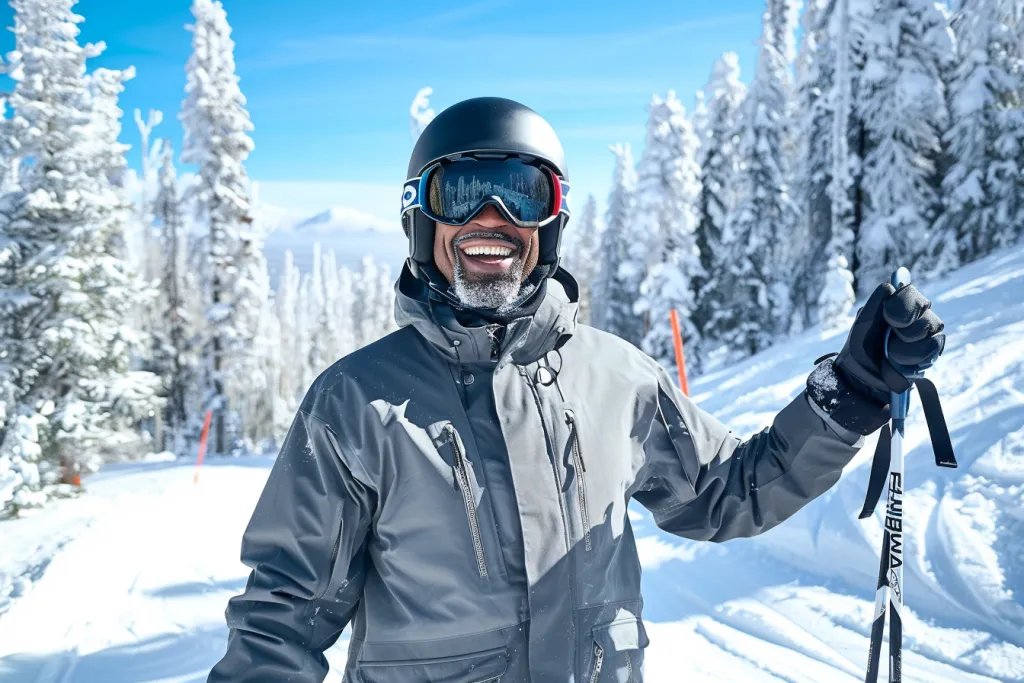 Full body photo of Richard beamon smiling and wearing skis