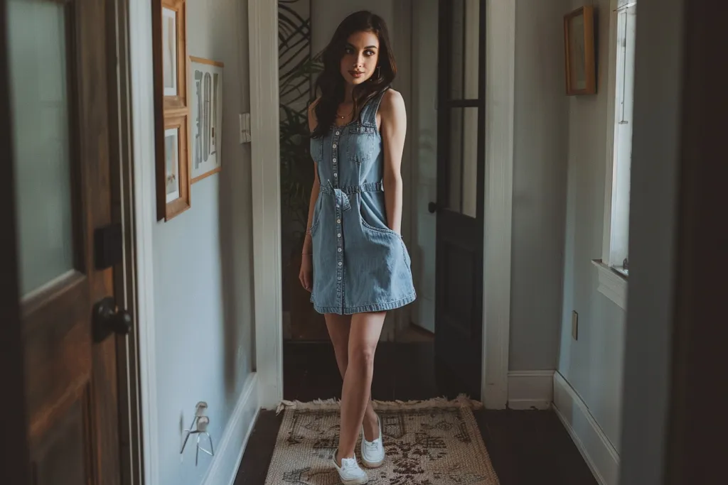 Generate an attractive fullbody photograph of a woman wearing a denim dress