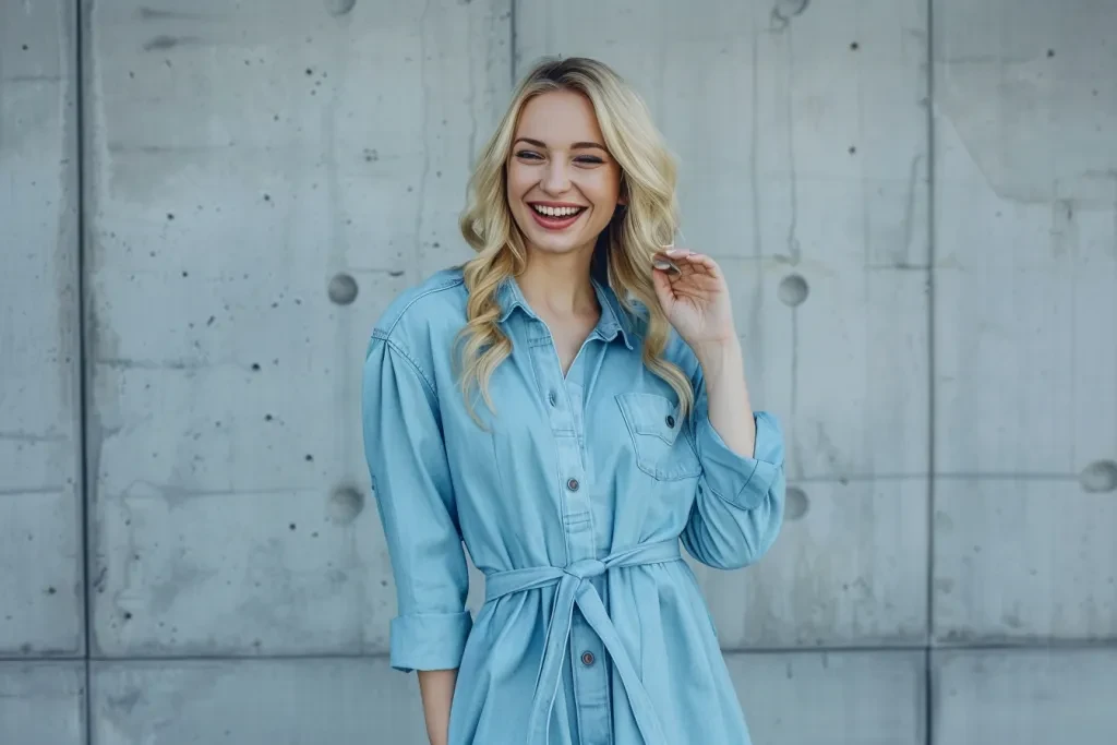 Generate an attractive photo of the long denim shirt dress