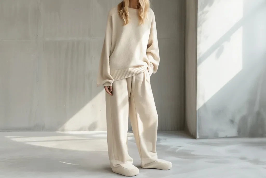 Generate an image of the model wearing neutral beige wide leg sweatpants