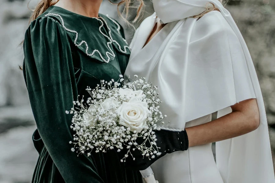 Green velvet maid of honor dress with high neckline