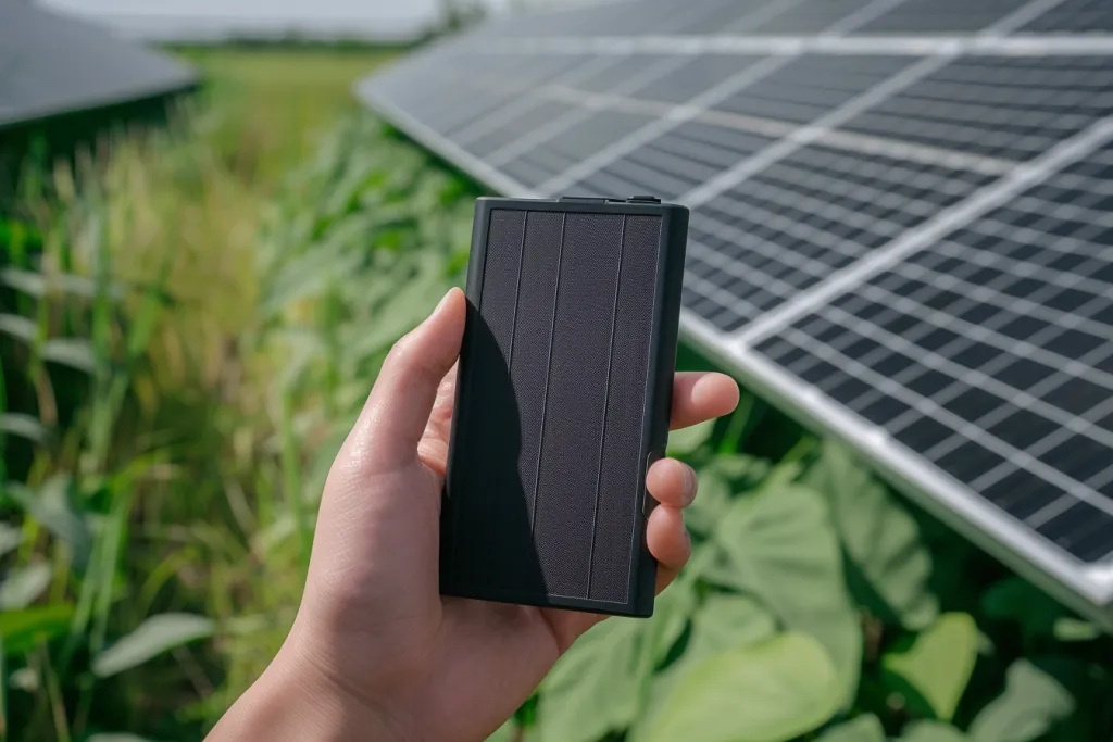 Hand holding a solar power bank in black color, with a background of photovoltaic panels capturing energy from the sun