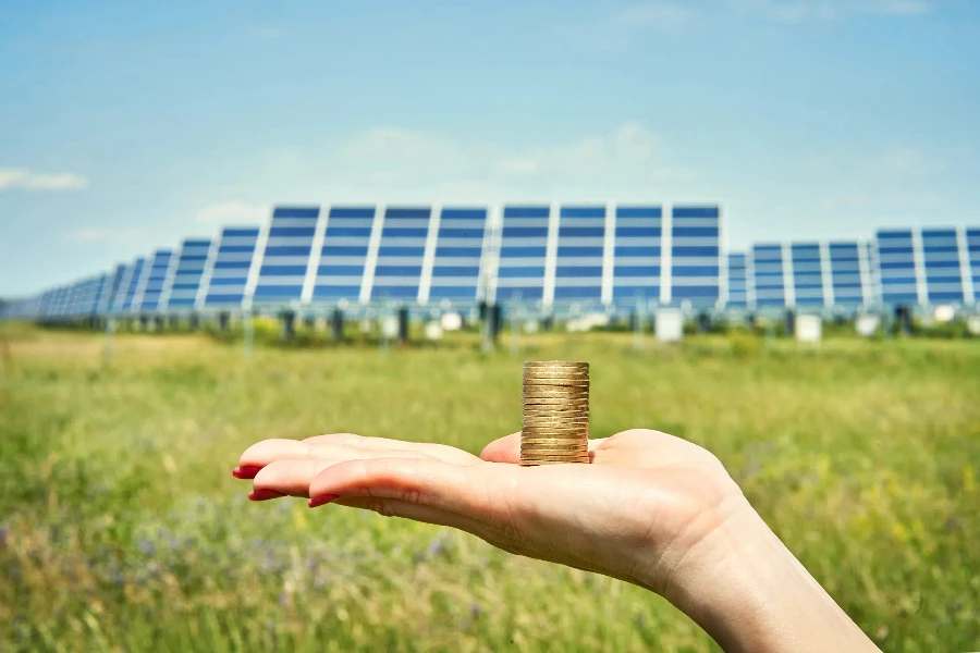 Hand holding money banknote with photovoltaic solar energy panels in background